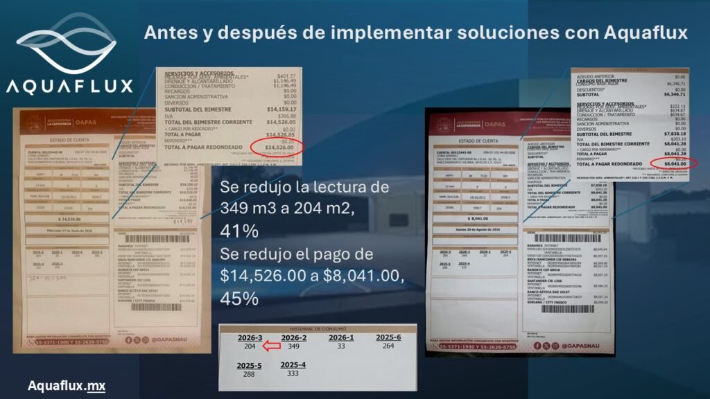 Recibos de agua de OAPAS demostrando 45% de ahorro con Aquaflux